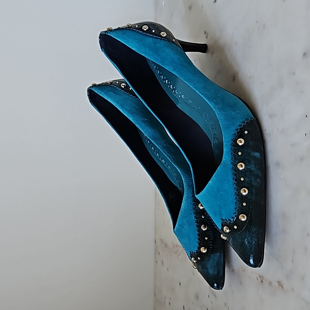 TORY BURCH: striking blue patent leather and suede gold stud heels